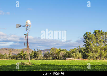 Ländliche Landschaft mit windmühle am späten Nachmittag mit Baum Schatten im Vordergrund Feld Stockfoto