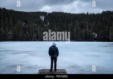 Man steht auf einer hölzernen Pier auf dem gefrorenen See der Mummelsee See, an einem bewölkten Tag im Winter, in den Schwarzwald, Deutschland. Stockfoto