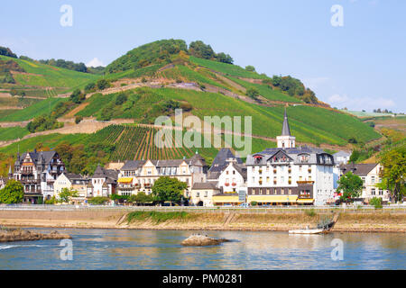 Schöne alte Dörfer und Weinberge entlang des Rheins in Deutschland Stockfoto