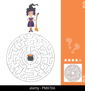 Labyrinth Spiel für Kinder mit Hexe. Mit Hilfe dieses alte Hexe hat zu finden Stock Vektor