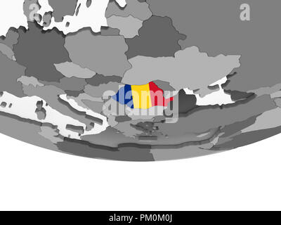 Rumänien auf Grau politische Globus mit embedded Flagge. 3D-Darstellung. Stockfoto