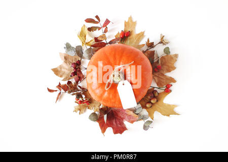 Herbst florale Komposition mit orange Kürbis. Kranz aus trockenen Ahorn, Eukalyptus Blätter und Beeren auf weißem Hintergrund. Herbst, Halloween und Thanksgiving Design. Flach, Ansicht von oben. Stockfoto