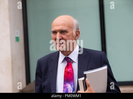 London, Großbritannien. 16 Sep, 2018. Sir Vince Cable, der Chef der Liberaldemokratischen Partei, Blätter der BBC in London nach Erscheinen auf der Andrew Marr Show. Credit: Mark Thomas/Alamy leben Nachrichten Stockfoto