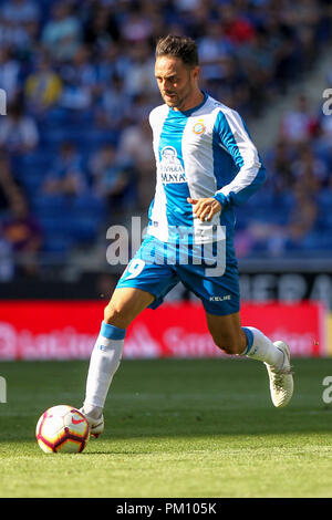 Barcelona, Spanien. 16. September 2018, Cornella-El Prat, Cornella de Llobregat, Barcelona, Spanien; La Liga Fußball, Espanyol gegen Levante UD; Sergio Garcia vorwärts treibt die Kugel Credit: Aktion Plus Sport Bilder/Alamy leben Nachrichten Stockfoto