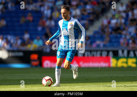 Barcelona, Spanien. 16. September 2018, Cornella-El Prat, Cornella de Llobregat, Barcelona, Spanien; La Liga Fußball, Espanyol gegen Levante UD; Sergio Garcia vorwärts treibt die Kugel Credit: Aktion Plus Sport Bilder/Alamy leben Nachrichten Stockfoto