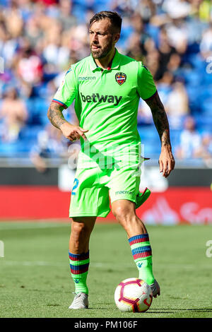 Barcelona, Spanien. 16. September 2018, Cornella-El Prat, Cornella de Llobregat, Barcelona, Spanien; La Liga Fußball, Espanyol gegen Levante UD; Antonio Luna von Levante UD sucht nach einer Steckdose Credit: Aktion Plus Sport Bilder/Alamy leben Nachrichten Stockfoto