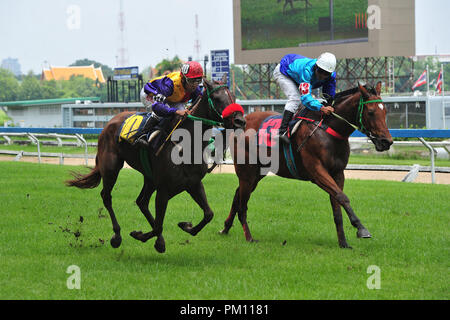 Bangkok, Thailand. 16 Sep, 2018. Jockeys und ihre Pferde konkurrieren in einem Pferderennen Spiel bei Nang Loeng Rennstrecke in Bangkok, Thailand, Sept. 16, 2018. Nachdem das als Veranstaltungsort für Pferderennen für 102 Jahre, die Nang Loeng Rennstrecke werden dauerhaft im Laufe dieses Jahres geschlossen werden. Die Royal Turf Club, gegründet von König Rama VI genannt, wurde die Strecke 1916. Credit: Rachen Sageamsak/Xinhua/Alamy leben Nachrichten Stockfoto