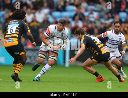 Coventry, Großbritannien. 16. September 2018. Mike Williams auf die Gebühr für die Leicester Tigers während der gallagher Premiership Rugby Union Übereinstimmung zwischen Wespen und Leicester Tigers rfc. Phil Hutchinson/Alamy leben Nachrichten Stockfoto