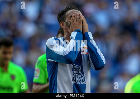 Barcelona, Spanien. 16. September 2018. Cornella-El Prat, Cornella de Llobregat, Barcelona, Spanien; La Liga Fußball, Espanyol gegen Levante UD; Sergio Garcia nach fehlt eine Chance Quelle: UKKO Images/Alamy leben Nachrichten Stockfoto