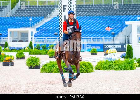 North Carolina, USA. 15 Sep, 2018. Manuel Senra Chover reiten Crusing. ESP. Finish Line. Cross Country. Eventing. Tag 5. World Equestrian Games. WEG 2018 Tryon. North Carolina. USA. 15.09.2018. Credit: Sport in Bildern/Alamy leben Nachrichten Stockfoto