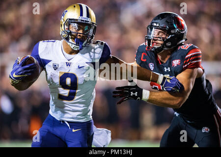 Utah, USA. 15 Sep, 2018. Washington Huskies laufen zurück Myles Gaskin (9) während der NCAA College Football Spiel zwischen Washington und Utah am Samstag September 15, 2018 am Reis - Eccles Stadium in Salt Lake City, UT. Jakob Kupferman/CSM Credit: Cal Sport Media/Alamy leben Nachrichten Stockfoto