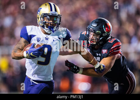 Utah, USA. 15 Sep, 2018. Washington Huskies laufen zurück Myles Gaskin (9) während der NCAA College Football Spiel zwischen Washington und Utah am Samstag September 15, 2018 am Reis - Eccles Stadium in Salt Lake City, UT. Jakob Kupferman/CSM Credit: Cal Sport Media/Alamy leben Nachrichten Stockfoto