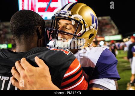 Utah, USA. 15 Sep, 2018. Washington Huskies Quarterback Jake Browning (3) Nach der NCAA College Football Spiel zwischen Washington und Utah am Samstag September 15, 2018 am Reis - Eccles Stadium in Salt Lake City, UT. Jakob Kupferman/CSM Credit: Cal Sport Media/Alamy leben Nachrichten Stockfoto