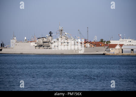 Thessaloniki, Griechenland. 9 Sep, 2018. Griechische Marine Fregatte F 452 "Hydra" Besuch der Hafenstadt Thessaloniki. "Hydra" ist eine MEKO 200 Fregatte und das Flaggschiff der griechischen Marine. Credit: Giannis Papanikos/ZUMA Draht/Alamy leben Nachrichten Stockfoto