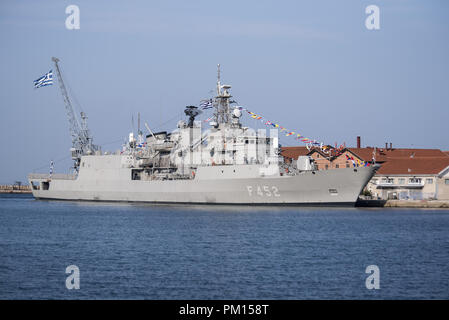 Thessaloniki, Griechenland. 9 Sep, 2018. Griechische Marine Fregatte F 452 "Hydra" Besuch der Hafenstadt Thessaloniki. "Hydra" ist eine MEKO 200 Fregatte und das Flaggschiff der griechischen Marine. Credit: Giannis Papanikos/ZUMA Draht/Alamy leben Nachrichten Stockfoto