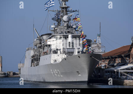 Thessaloniki, Griechenland. 9 Sep, 2018. Griechische Marine Fregatte F 452 "Hydra" Besuch der Hafenstadt Thessaloniki. "Hydra" ist eine MEKO 200 Fregatte und das Flaggschiff der griechischen Marine. Credit: Giannis Papanikos/ZUMA Draht/Alamy leben Nachrichten Stockfoto