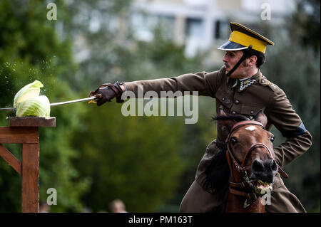 Warschau, Polen. 16 Sep, 2018. Eine polnische Kavallerie Soldat beteiligt sich an einer Veranstaltung zur Feier der 100. Jahrestag der Unabhängigkeit Polens in Warschau, Polen, Sept. 16, 2018. In dieses Jahr fällt der 100. Jahrestag der Unabhängigkeit Polens und Aktivitäten werden das ganze Jahr über organisiert der Centennial zu feiern. Credit: Jaap Arriens/Xinhua/Alamy leben Nachrichten Stockfoto
