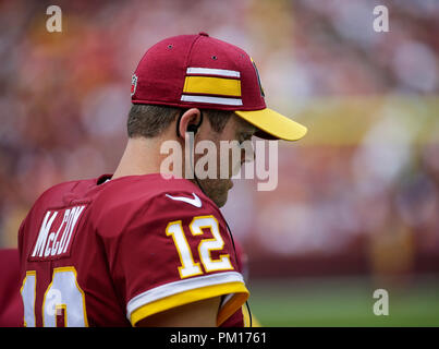 Landover, MD, USA. 16 Sep, 2018. Washington Redskins QB #12 Colt McCoy während einer NFL Football Spiel zwischen den Washington Redskins und die Indianapolis Colts am FedEx Feld in Landover, Md. Justin Cooper/CSM/Alamy leben Nachrichten Stockfoto