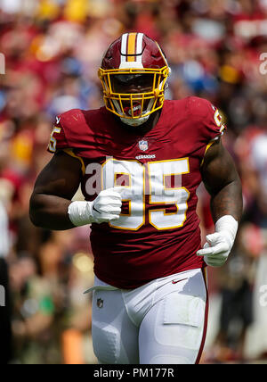 Landover, MD, USA. 16 Sep, 2018. Washington Redskins DT#95 Daron Payne während einer NFL Football Spiel zwischen den Washington Redskins und die Indianapolis Colts am FedEx Feld in Landover, Md. Justin Cooper/CSM/Alamy leben Nachrichten Stockfoto