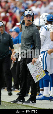 Landover, MD, USA. 16 Sep, 2018. Indianapolis Colts Head Coach Frank Reich während einer NFL Football Spiel zwischen den Washington Redskins und die Indianapolis Colts am FedEx Feld in Landover, Md. Justin Cooper/CSM/Alamy leben Nachrichten Stockfoto