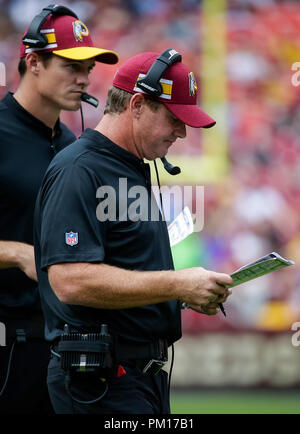 Landover, MD, USA. 16 Sep, 2018. Washington Redskins Head Coach Jay Gruden während einer NFL Football Spiel zwischen den Washington Redskins und die Indianapolis Colts am FedEx Feld in Landover, Md. Justin Cooper/CSM/Alamy leben Nachrichten Stockfoto