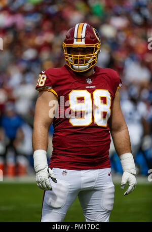 Landover, MD, USA. 16 Sep, 2018. Washington Redskins DT #98 Matt Ioannidis während einer NFL Football Spiel zwischen den Washington Redskins und die Indianapolis Colts am FedEx Feld in Landover, Md. Justin Cooper/CSM/Alamy leben Nachrichten Stockfoto