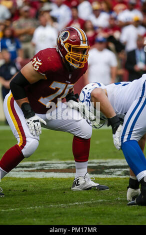 Landover, MD, USA. 16 Sep, 2018. Washington Redskins G #75 Brandon Scherff während einer NFL Football Spiel zwischen den Washington Redskins und die Indianapolis Colts am FedEx Feld in Landover, Md. Justin Cooper/CSM/Alamy leben Nachrichten Stockfoto