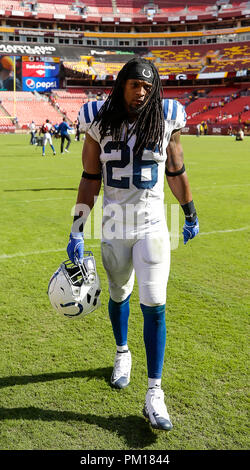 Landover, MD, USA. 16 Sep, 2018. Indianapolis Colts S #26 Clayton Geathers nach einem NFL Football Spiel zwischen den Washington Redskins und die Indianapolis Colts am FedEx Feld in Landover, Md. Justin Cooper/CSM/Alamy leben Nachrichten Stockfoto