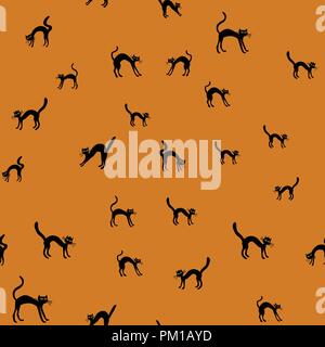 Vektor halloween nahtlose Muster - Schwarz scary Katzen auf orangefarbenem Hintergrund Stock Vektor