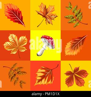 Niedlich Poster oder Grußkarte mit modernem Design auf Thema Der goldene Herbst. Reich verzierte Set der gefallenen Herbst Blätter von Ahorn, Eberesche, Birke, Kastanien und Pilze fly Agaric. Vektor cartoon Close-up. Stock Vektor