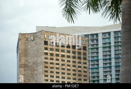 MIAMI, USA - 22. AUGUST 2018: Intercontinental Wolkenkratzer in Miami, Florida. IInterContinental Hotels ist eine britische multinationale Gastfreundschaft Unternehmen Stockfoto