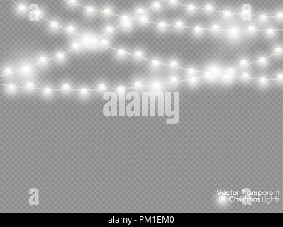 Vektor Weihnachtsbeleuchtung auf transparentem Hintergrund isoliert. Xmas leuchtende Girlande. Weiß halbtransparent neues Jahr Lichter Dekoration Stock Vektor