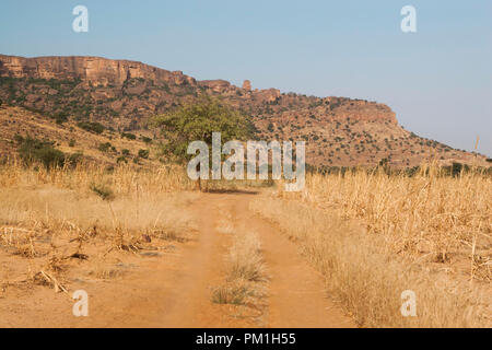 Landstraße im Sahel Landschaft in der Dogon, Mali, Afrika. Stockfoto