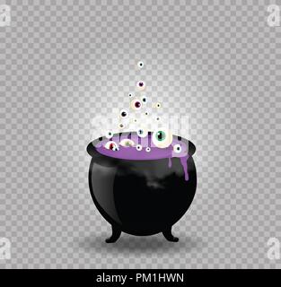 Schwarze Hexe dampfenden Topf Kessel mit lila Kochen trank, Augäpfel isoliert. Halloween Vektor-illustration, Clip Art, Symbol, Zeichen, Symbol. De Stock Vektor
