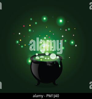 Schwarze Hexe Topf Kessel mit kochendem Trank, glühende funkelt und Blasen auf grünem Hintergrund. Halloween Vector Illustration, Grußkarte, Symbol, wi Stock Vektor