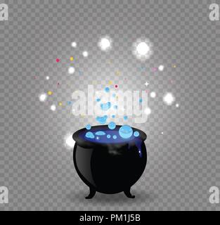 Schwarze Hexe hat mit blau schimmernden Kochen trank und Blasen isoliert. Halloween Vektor-illustration, Clip Art, Symbol, Zeichen, Symbol. Desig Stock Vektor