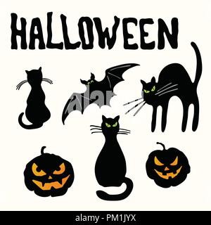 Zwei schwarze Silhouette Katzen, Carving Gesicht Kürbis Laternen, bat und Halloween Titel isoliert auf den weißen Hintergrund. Stock Vektor