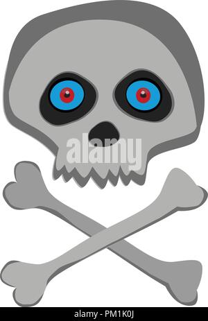 Vektor cartoon Skelett Schädel mit blauen roten Augen auf weißem Hintergrund. Halloween Symbol, Clip Art, digital design Element, Pirat Symbol, sign. Stock Vektor