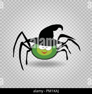 Vector Illustration der netten lustigen grünen lächelnd Spider tragen schwarz Halloween Hexe Hut. Cartoon spider Charakter auf transparentem Hintergrund isoliert. Stock Vektor