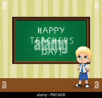 Gerne Lehrer Tag Grußkarte mit cute Cartoon school junge Uniform tragen mit Rucksack in der Nähe von chalckboard im Klassenzimmer. Vector Illustration von Kawa Stock Vektor