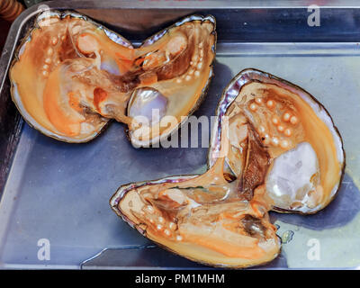 Pearl Oyster shell mit Perlen innen für den Verkauf auf dem Markt in China Stockfoto