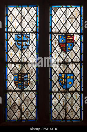 Heraldische Glasmalereien in St. Maria in der elms Kirche, Woodhouse, Leicestershire, England, Großbritannien Stockfoto