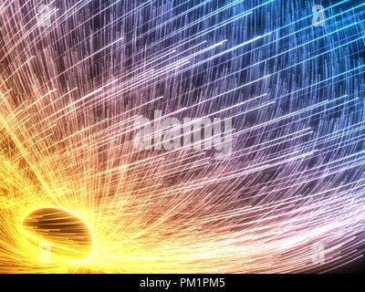 Fließende Partikel Schwarm mit glühenden Spuren. 3D-Darstellung. Stockfoto
