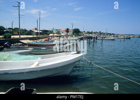 Die Fischerboote, die frischen Krabben und Austern und Fische in Chiapas Mexiko fangen mit den Puerto Arista Hafen. Stockfoto