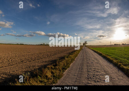 Eine unbefestigte Straße, die zwischen Feldern. Ein Land Straße, Gebäude am Rande des Dorfes. Jahreszeit der Herbst. Stockfoto