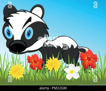 Vector Illustration der Tierwelt Badger auf Wiese mit Blumen Stock Vektor