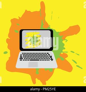 Vector Illustration. Laptop mit Flecken auf dem Bildschirm auf einem farbigen Hintergrund öffnen Stock Vektor