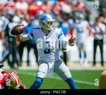 San Francisco, Kalifornien, USA. 16 Sep, 2018. Setember 16, 2018: Detroit Lions Quarterback Matthew Stafford (9) in Aktion während der NFL Football Spiel zwischen den Detroit Lions und die San Francisco 49ers bei Levi's Stadion in Santa Clara, CA. Die 49ers besiegten die Löwen 30-27. Damon Tarver/Cal Sport Media Credit: Cal Sport Media/Alamy Live News Credit: Cal Sport Media/Alamy leben Nachrichten Stockfoto