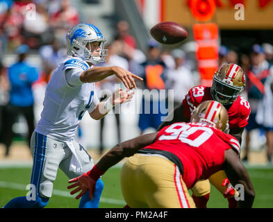 San Francisco, Kalifornien, USA. 16 Sep, 2018. Setember 16, 2018: Detroit Lions Quarterback Matthew Stafford (9) in Aktion während der NFL Football Spiel zwischen den Detroit Lions und die San Francisco 49ers bei Levi's Stadion in Santa Clara, CA. Die 49ers besiegten die Löwen 30-27. Damon Tarver/Cal Sport Media Credit: Cal Sport Media/Alamy Live News Credit: Cal Sport Media/Alamy leben Nachrichten Stockfoto