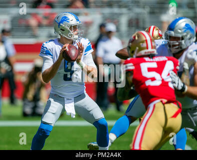 San Francisco, Kalifornien, USA. 16 Sep, 2018. Setember 16, 2018: Detroit Lions Quarterback Matthew Stafford (9) in Aktion während der NFL Football Spiel zwischen den Detroit Lions und die San Francisco 49ers bei Levi's Stadion in Santa Clara, CA. Die 49ers besiegten die Löwen 30-27. Damon Tarver/Cal Sport Media Credit: Cal Sport Media/Alamy Live News Credit: Cal Sport Media/Alamy leben Nachrichten Stockfoto